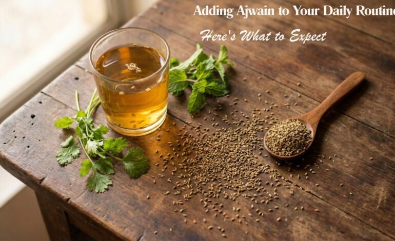 ajwain with water glass with some leaves