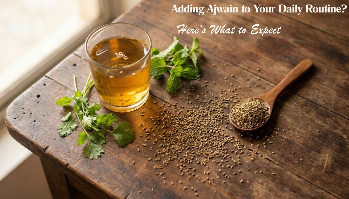 ajwain with water glass with some leaves