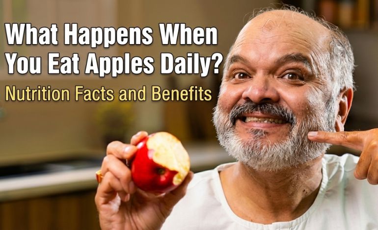 Eat apple daily? with old man show happy with apple