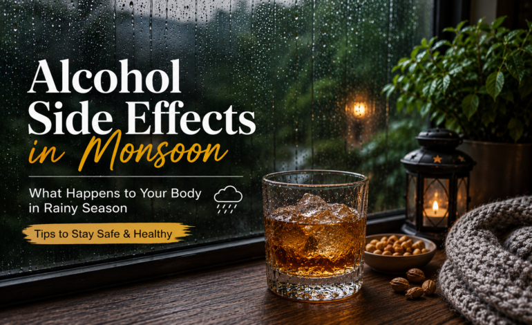 Glass of alcohol on a table beside a rainy window illustrating how alcohol affects the body during the monsoon season.
