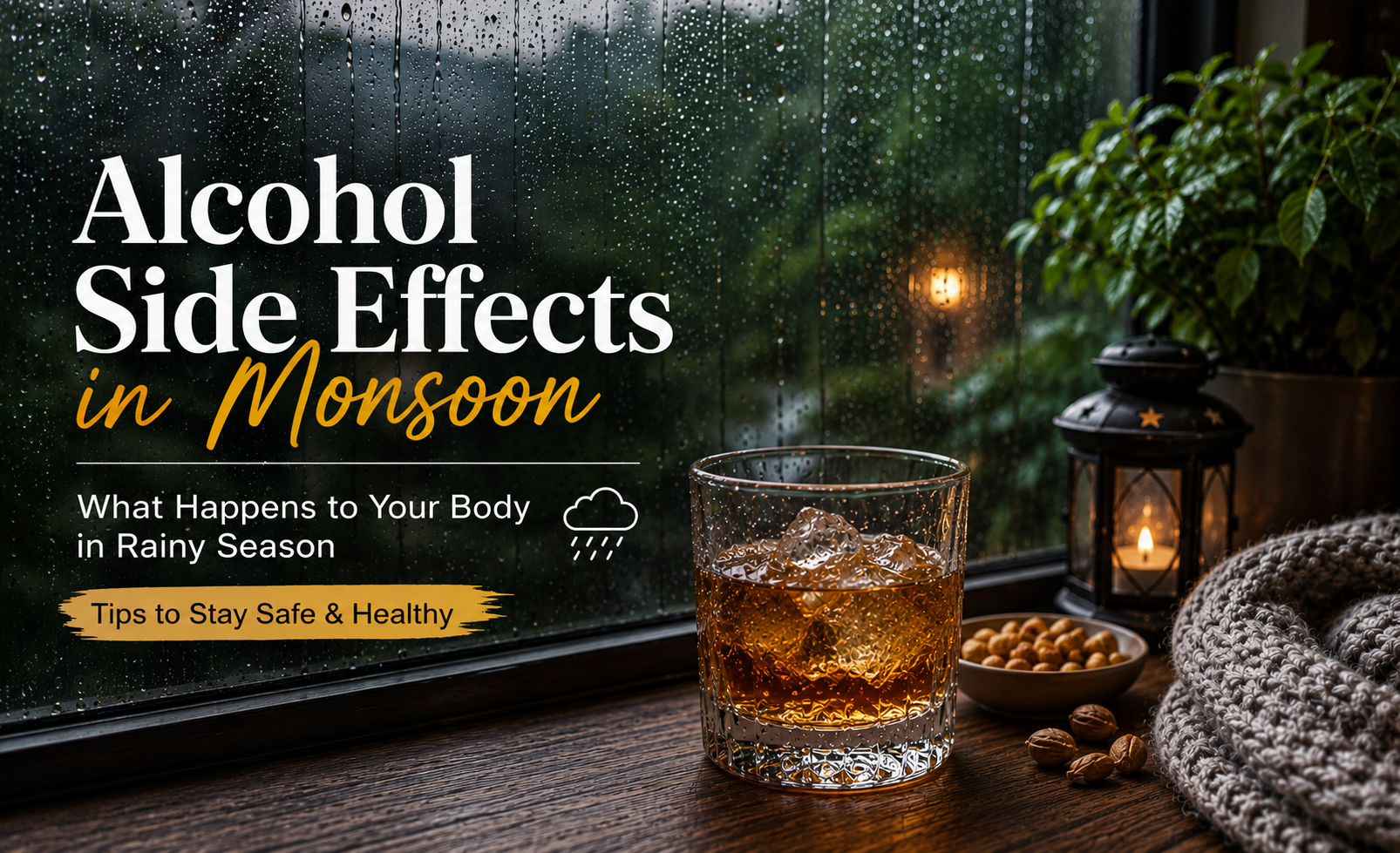 Glass of alcohol on a table beside a rainy window illustrating how alcohol affects the body during the monsoon season.